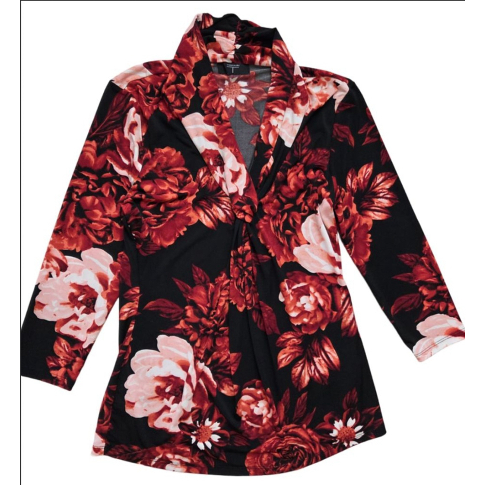 Women's Tahari Black Red Floral Long Sleeve Tee SP Petite
